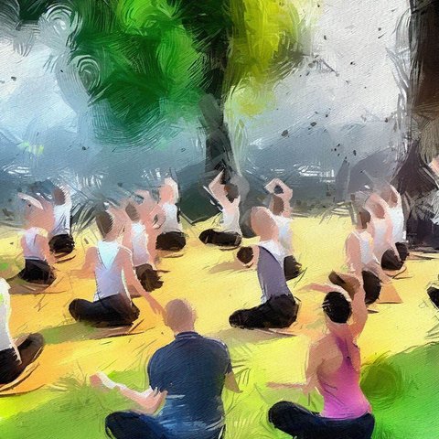 A group of people doing yoga in a park - Oil painting style