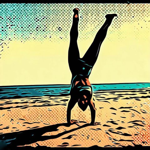 A person doing a handstand on a beach - Comic book style