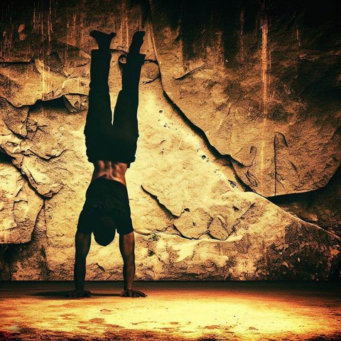 A person doing a handstand push-up against a wall - Cave painting style