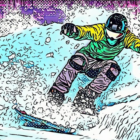 A snowboarder carving through fresh powder - Comic book style