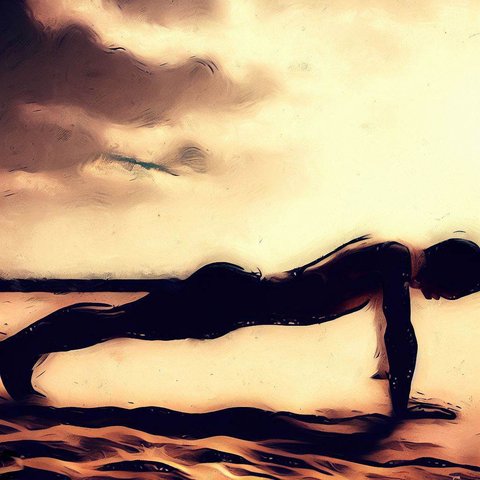 A person doing a plank on a sandy beach - Cave painting style