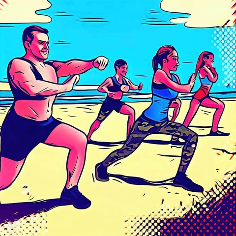 A group of people doing boot camp exercises on a beach - Pop art style