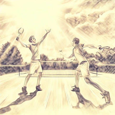 Two friends playing tennis on a sunny court - Pencil drawing style