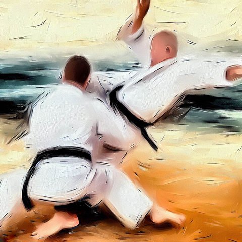 A person practicing judo throws with a partner - Oil painting style