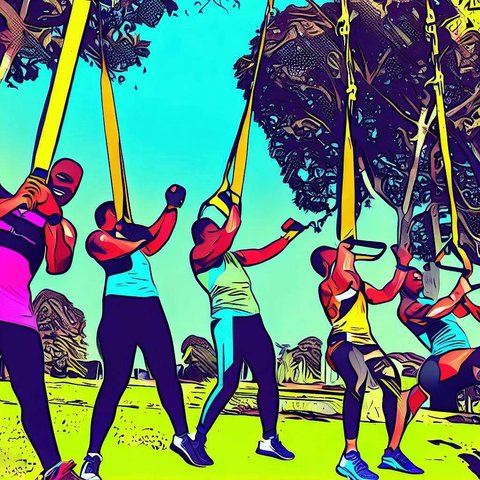 A group of people doing TRX suspension training in a park - Pop art style