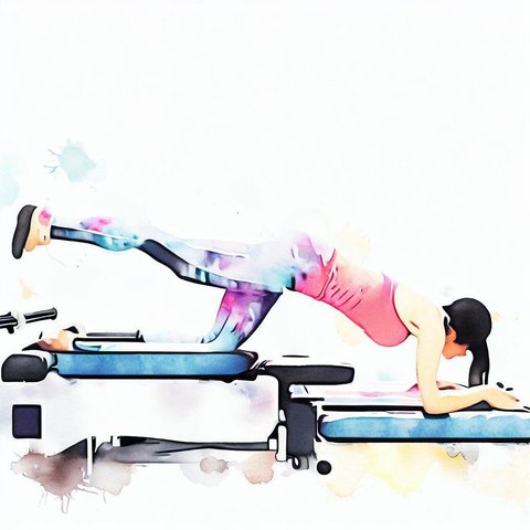 A person practicing Pilates reformer exercises - Watercolor style