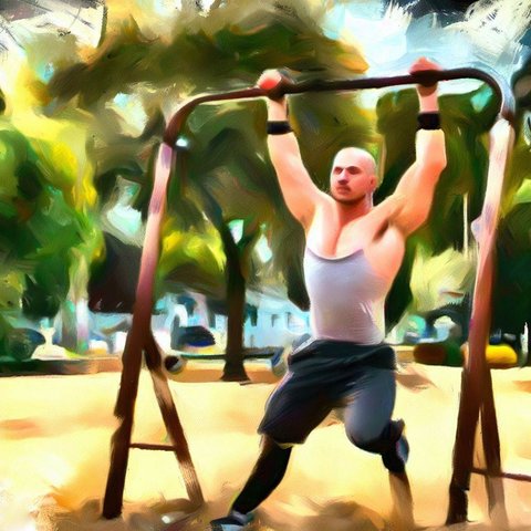 Calisthenics workout in a city park - Oil painting style