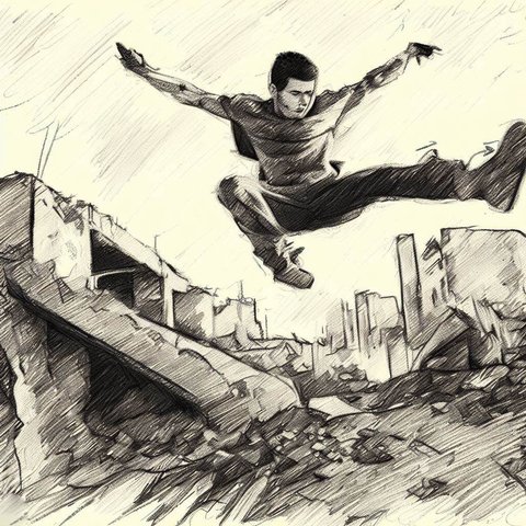 Parkour stunts in an abandoned area - Pencil drawing style