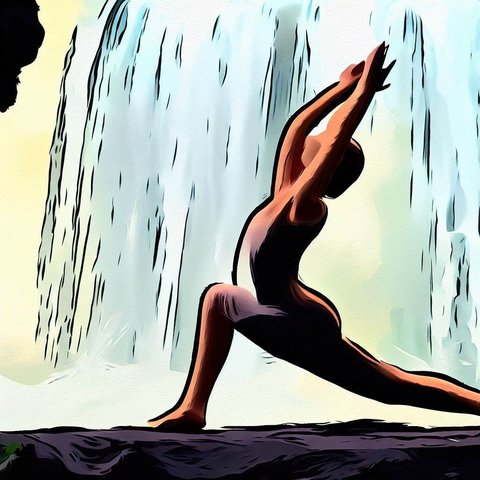 Mindful stretching by a waterfall - Cave painting style