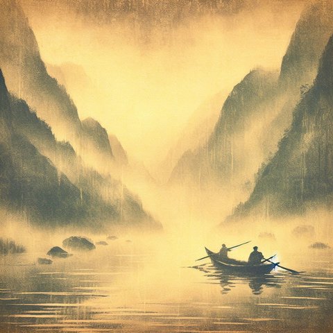 Rowing on a misty river - Cave painting style