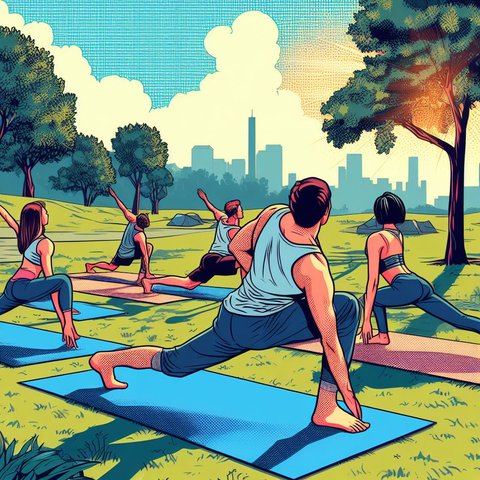 A group of friends doing yoga in a park - Pop art style