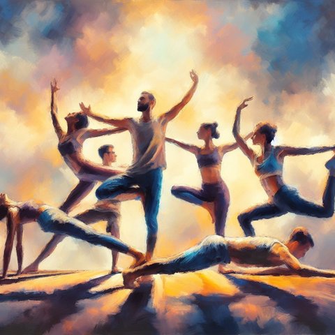 A group of friends in a dynamic yoga pose - Oil painting style