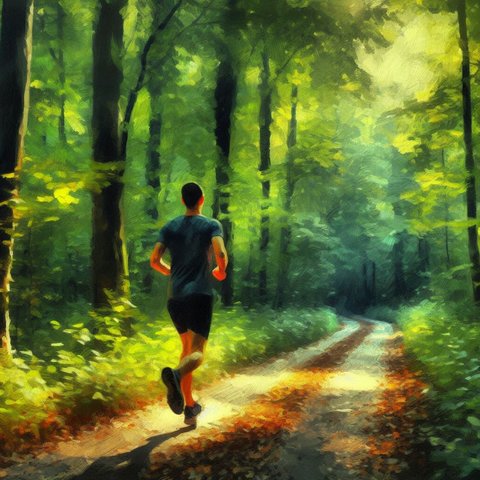 A runner on a forest trail - Oil painting style