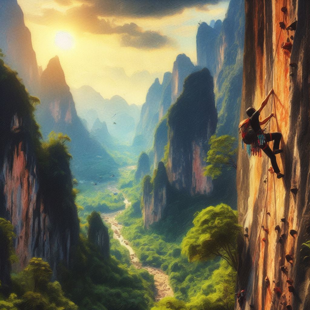 A climber scaling a challenging rock face - Oil painting style
