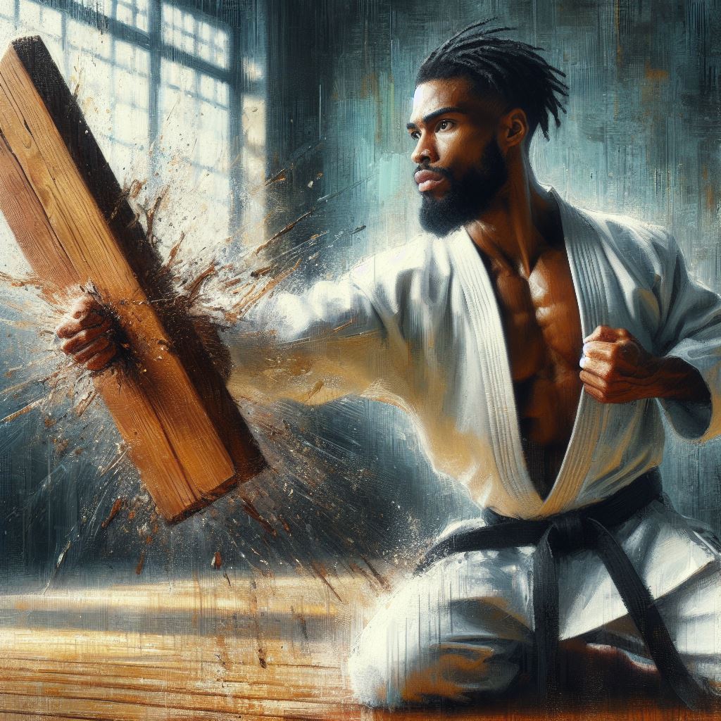 A martial artist breaking a board - Oil painting style