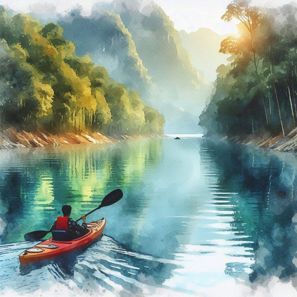 A kayaker exploring a tranquil river - Watercolor style