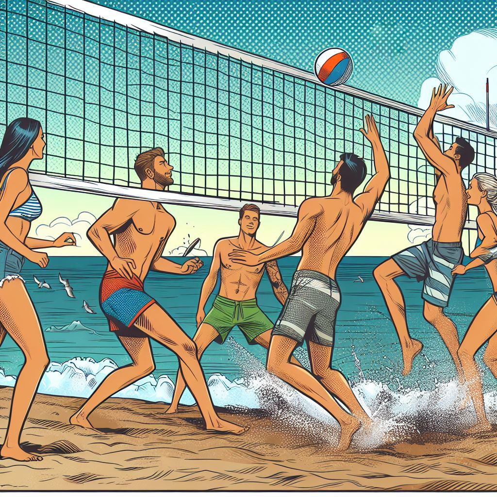 A group of friends playing beach volleyball - Comic book style