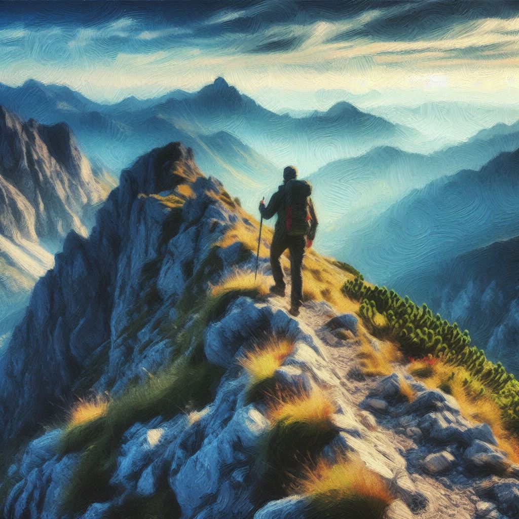 A hiker traversing a narrow mountain ridge - Impressionism style