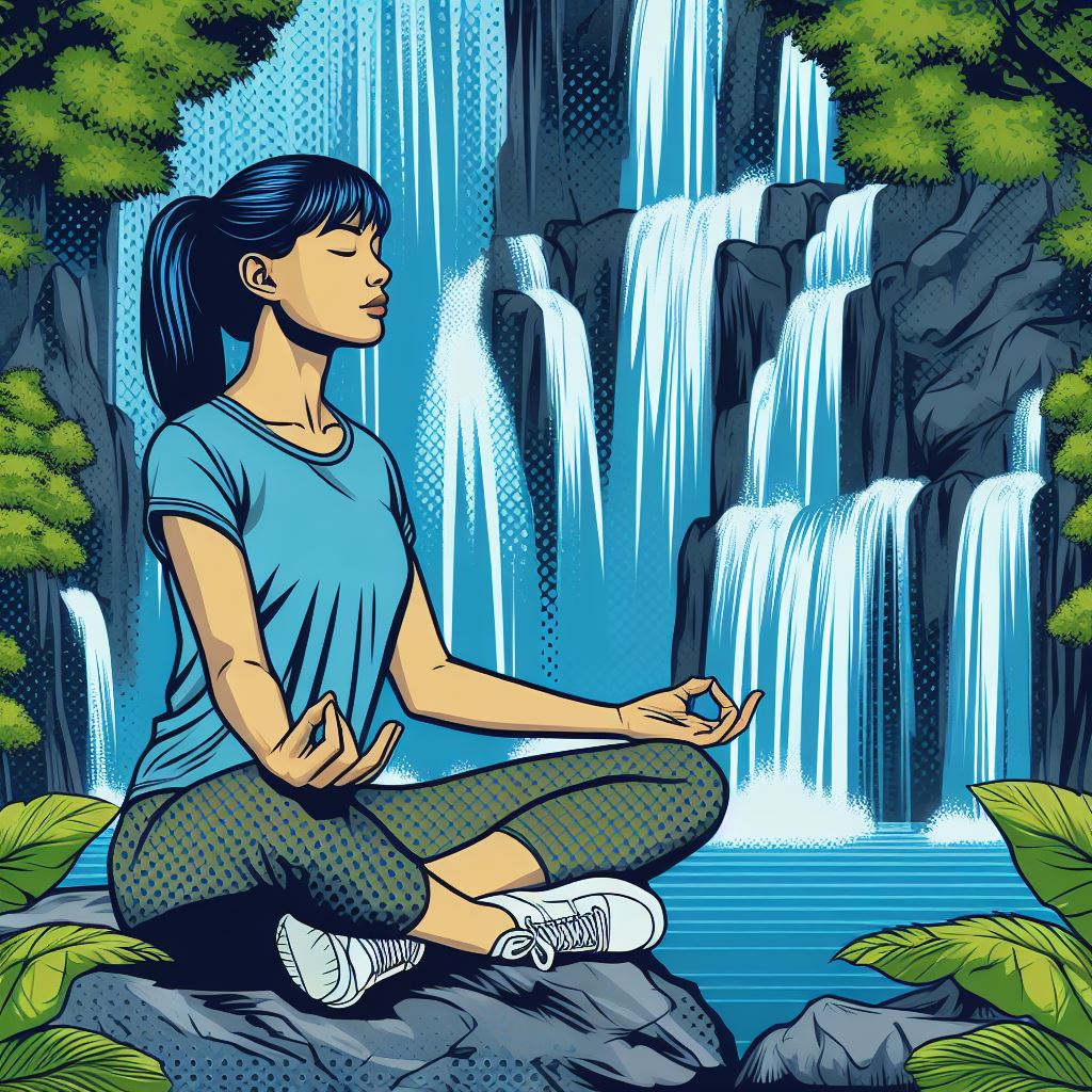 A person practicing mindfulness by a waterfall - Pop art style