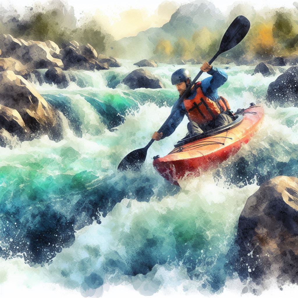 A kayaker navigating challenging rapids - Watercolor style