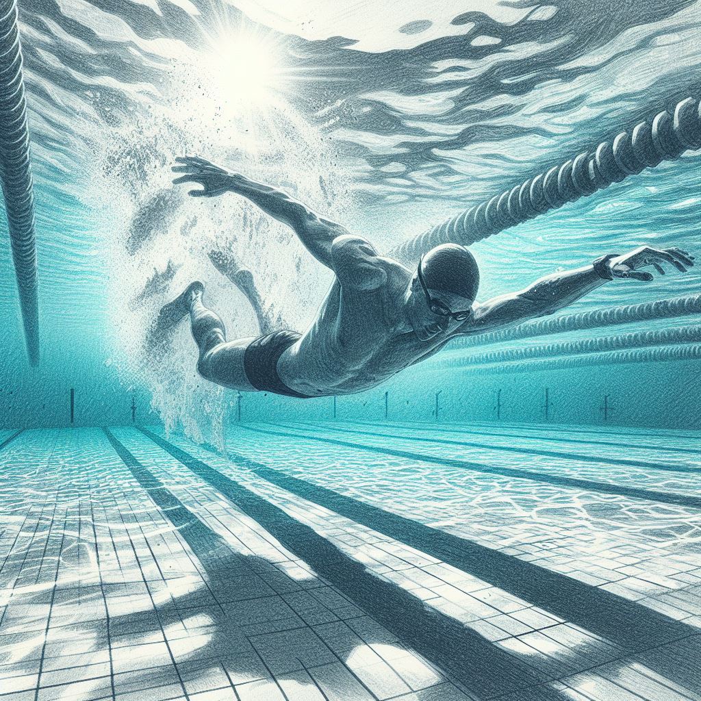 A swimmer underwater in a pool - Pencil drawing style