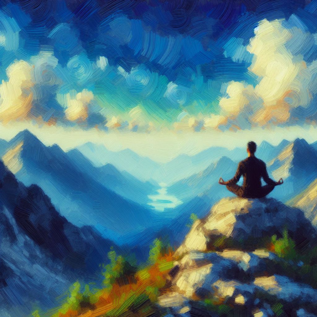 A person meditating on a mountaintop - Impressionism style