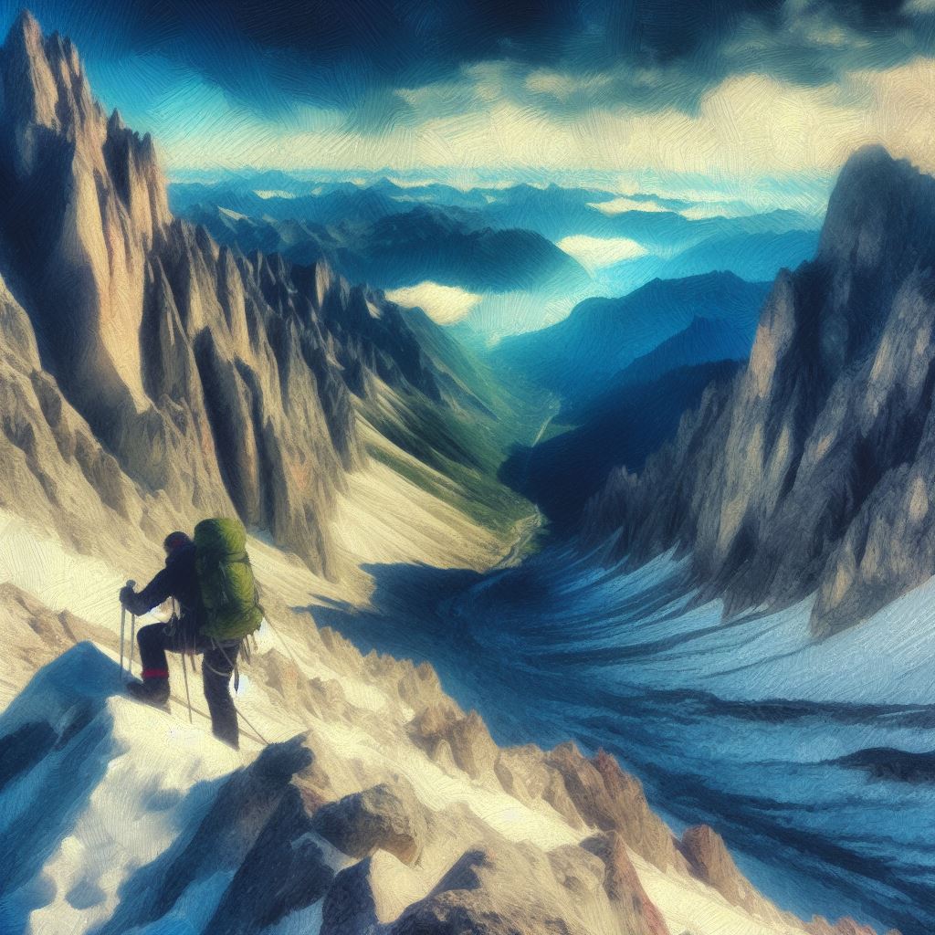 A climber conquering a steep mountain face - Impressionism style