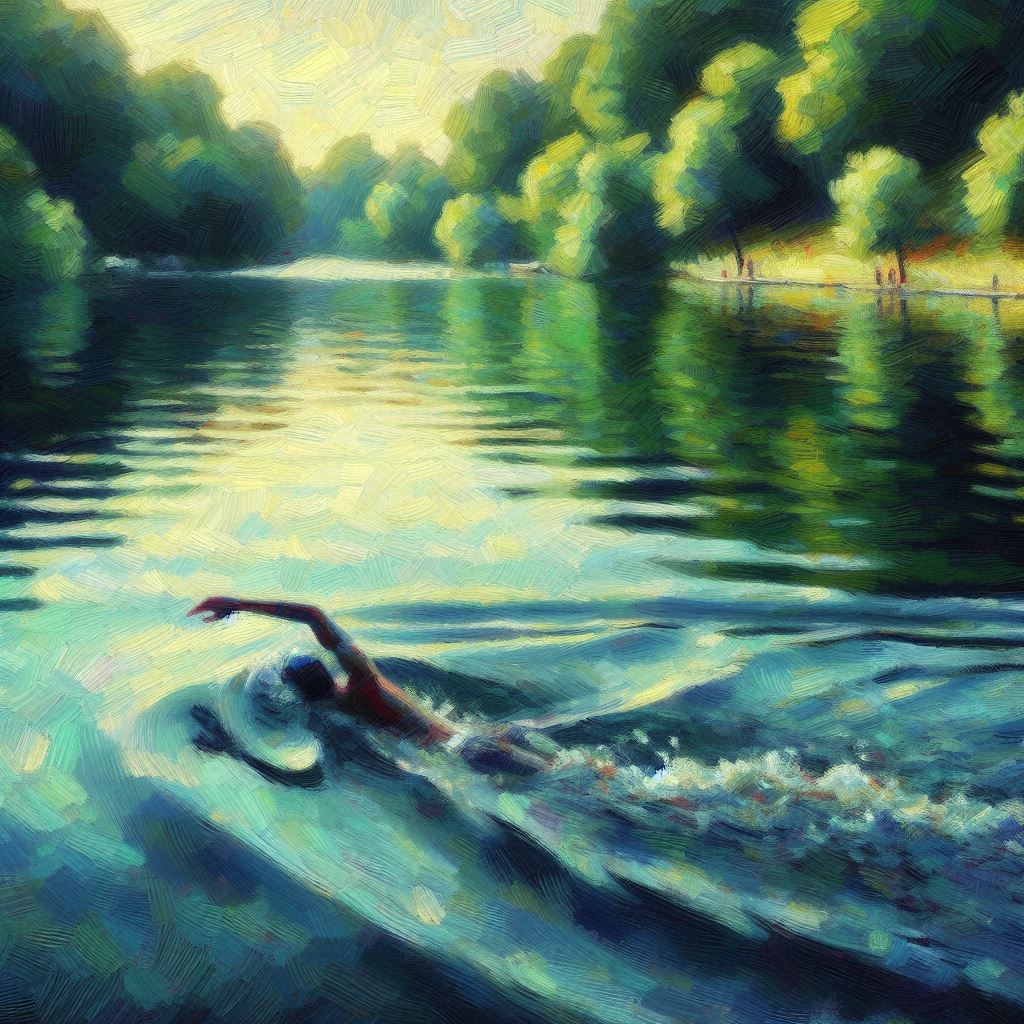 A swimmer gliding through a serene lake - Impressionism style