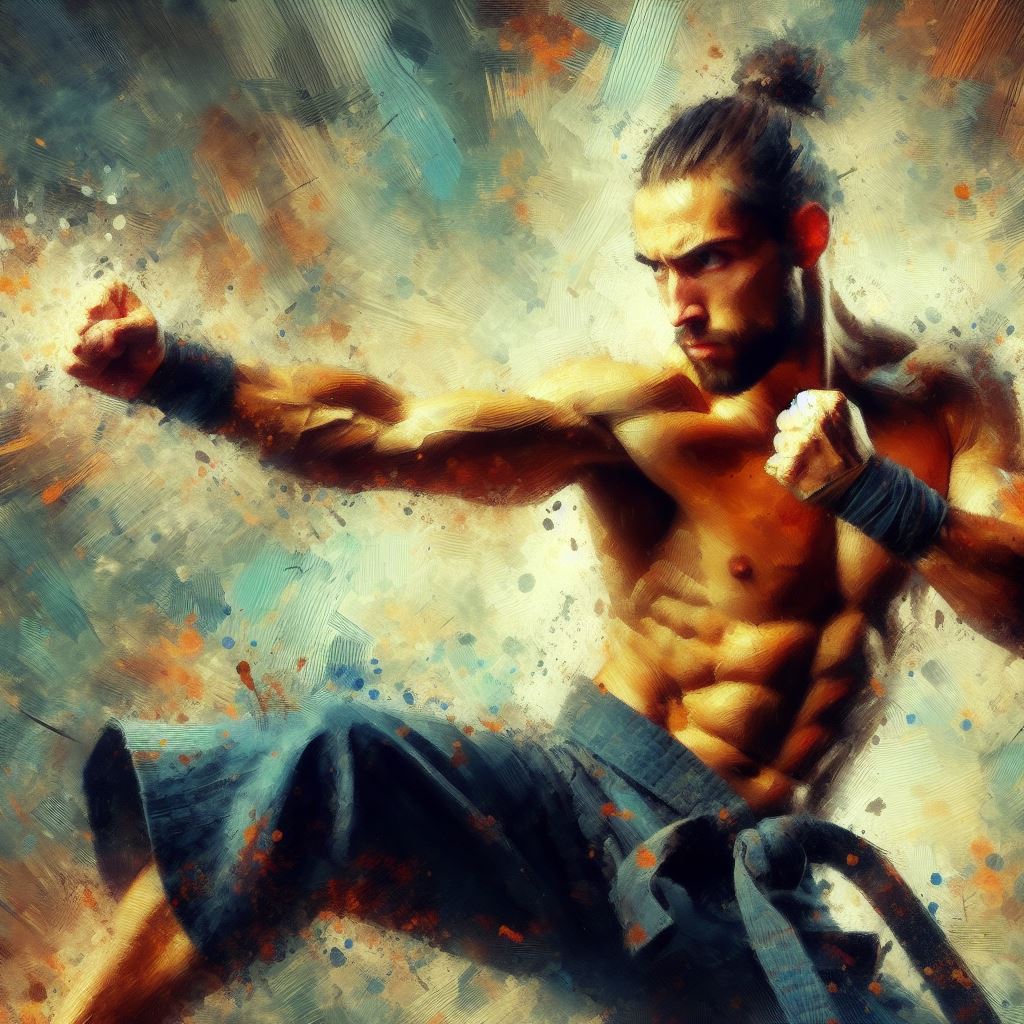 A martial artist in a powerful strike - Oil painting style