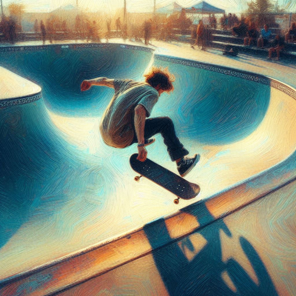 A skateboarder performing tricks in an empty pool - Impressionism style