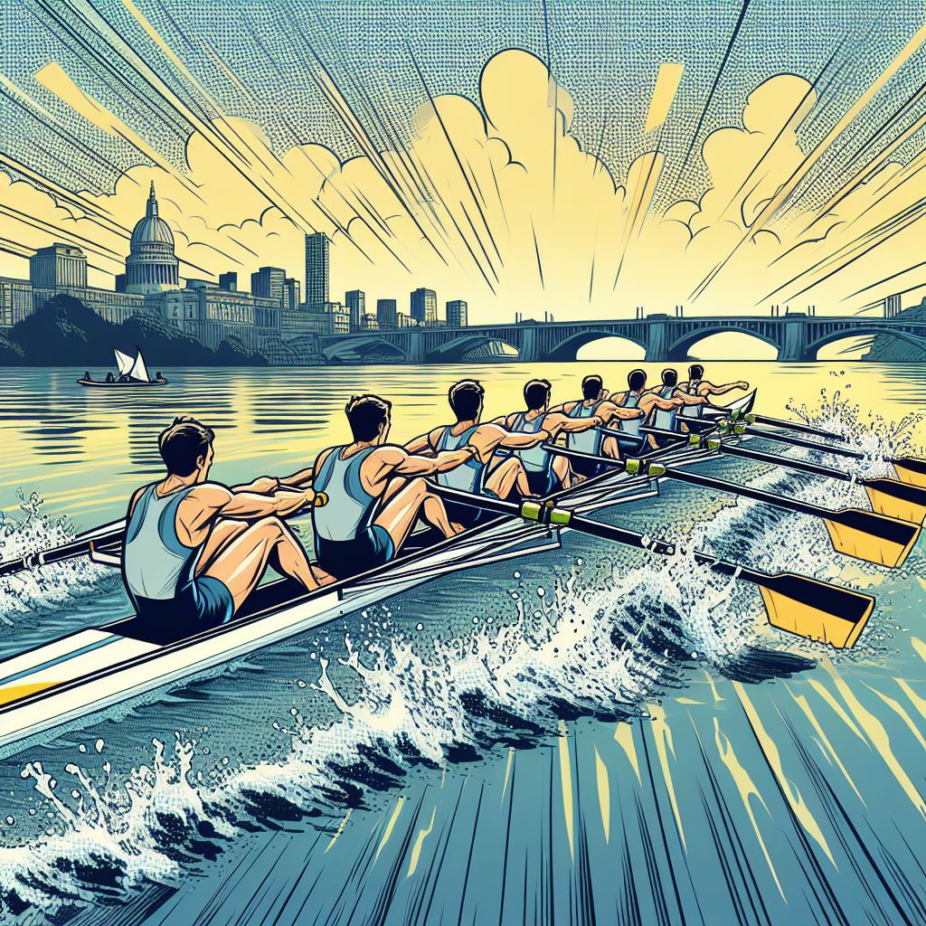 A rowing team in synchronized motion on a river - Comic book style