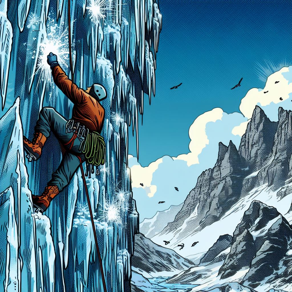 A climber scaling a challenging ice wall - Comic book style