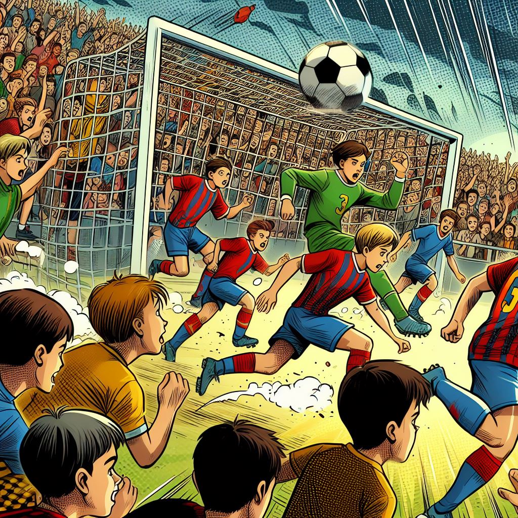 A group of kids playing soccer in a crowded stadium - Comic book style