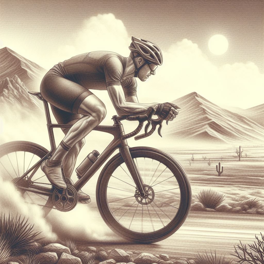 A cyclist racing through a desert landscape - Pencil drawing style
